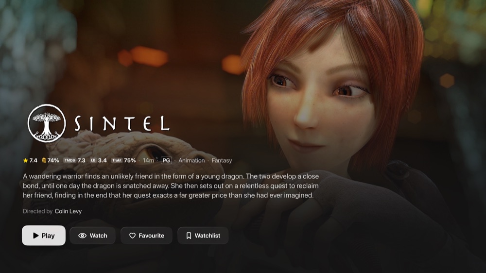 Sintel's page on Apple TV with Play, Watch, Favourite and Watchlist buttons.