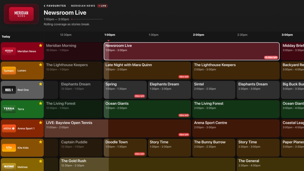 The guide on Apple TV, with favourite channels down the left.